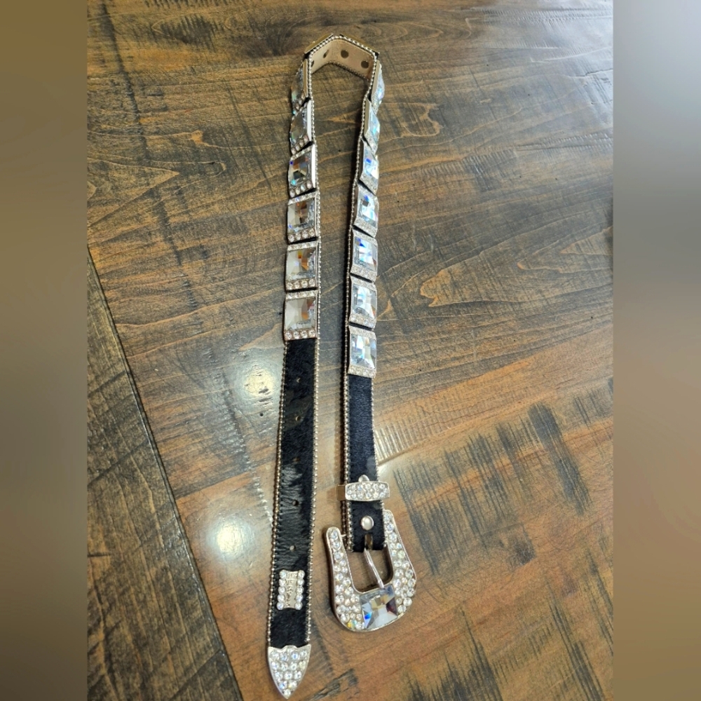 b.b. Simon Swarovski Crystal and Black Leather Cowhide Belt Unisex Size WomensXL